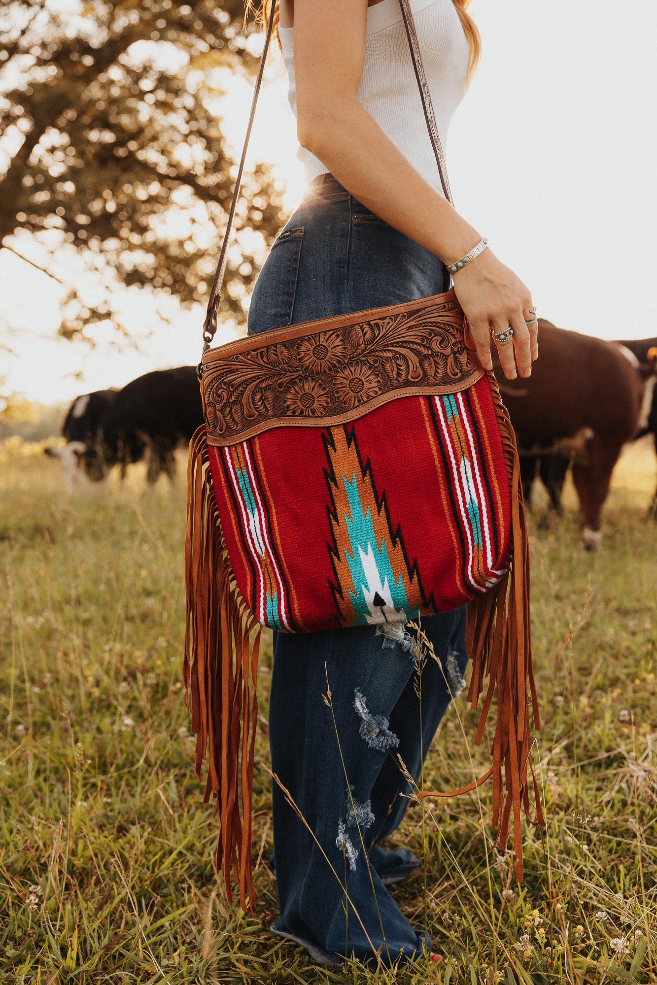 Beth Leather Tooled Fringe Bag